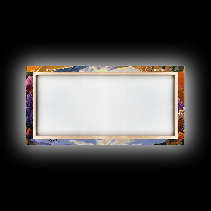 Autumn Forest, Snow, Trail, Canvas Print, Fall landscape painting, cabin wall decor, cozy mountain art, vibrant rustic hallway print