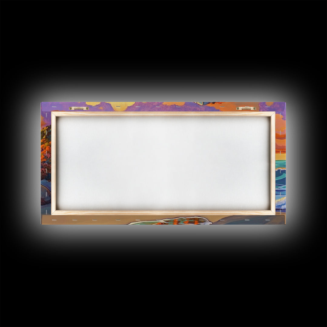 Rock Ocean, Sunset, Waves, Framed Canvas Print, coastal wall decor, bold shoreline art, living room beach style, nature theme