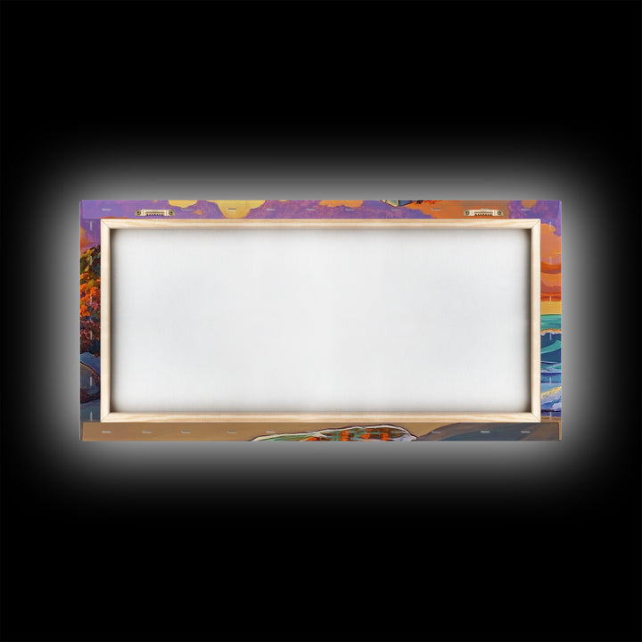 Rock Ocean, Sunset, Waves, Framed Canvas Print, coastal wall decor, bold shoreline art, living room beach style, nature theme