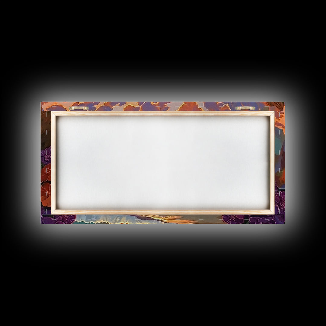 Beach Cliffs, Sunset, Vibrant Sky, Framed Canvas Print, Boho Coastal Art, Bedroom Wall Decor, Ocean View Painting, Tropical Landscape