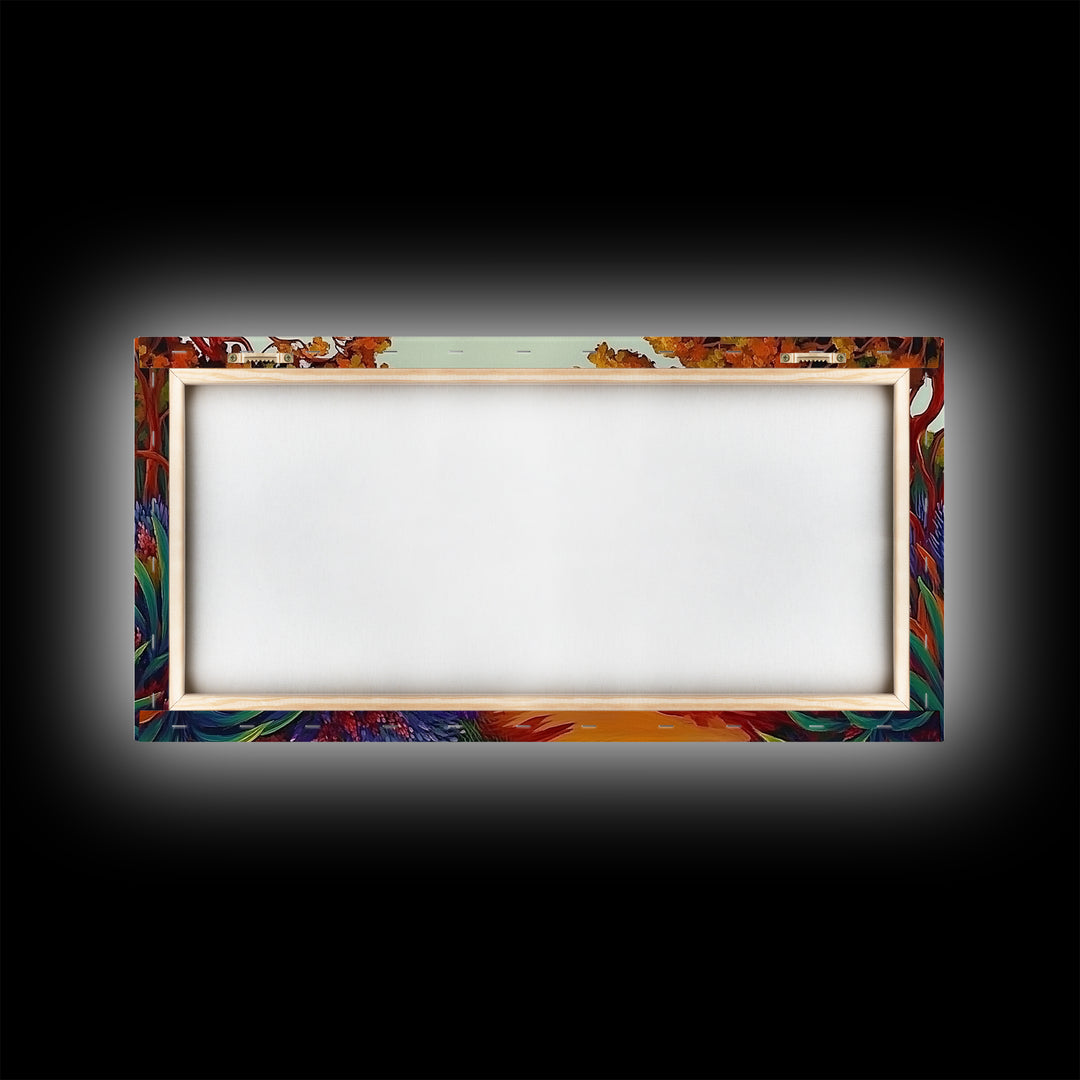 River Wildflowers, Autumn Trees, Mountain View, Framed Canvas Print, Fall Nature Art, Kitchen Wall Decor, Boho Landscape Painting