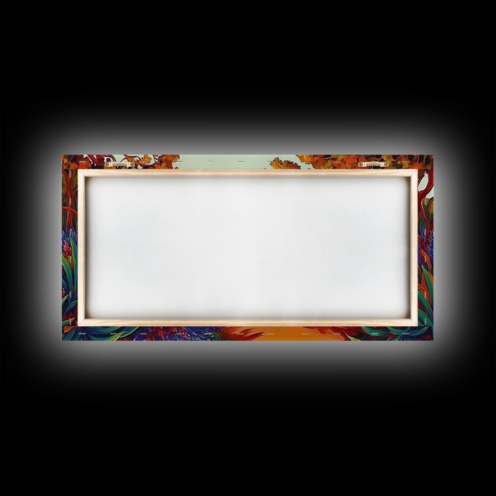 River Wildflowers, Autumn Trees, Mountain View, Framed Canvas Print, Fall Nature Art, Kitchen Wall Decor, Boho Landscape Painting