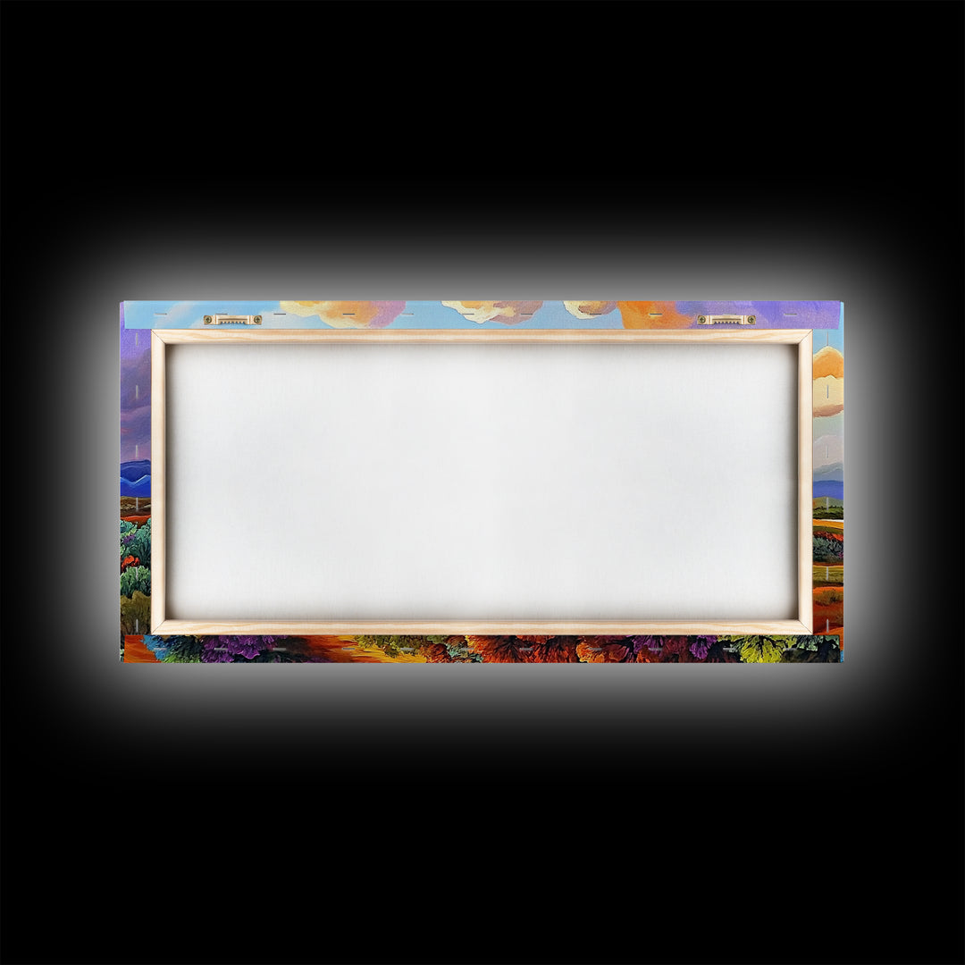 Autumn Mountains, Path, Landscape, Framed Canvas Print, serene autumn mountain scene with vibrant clouds, colorful field trail art