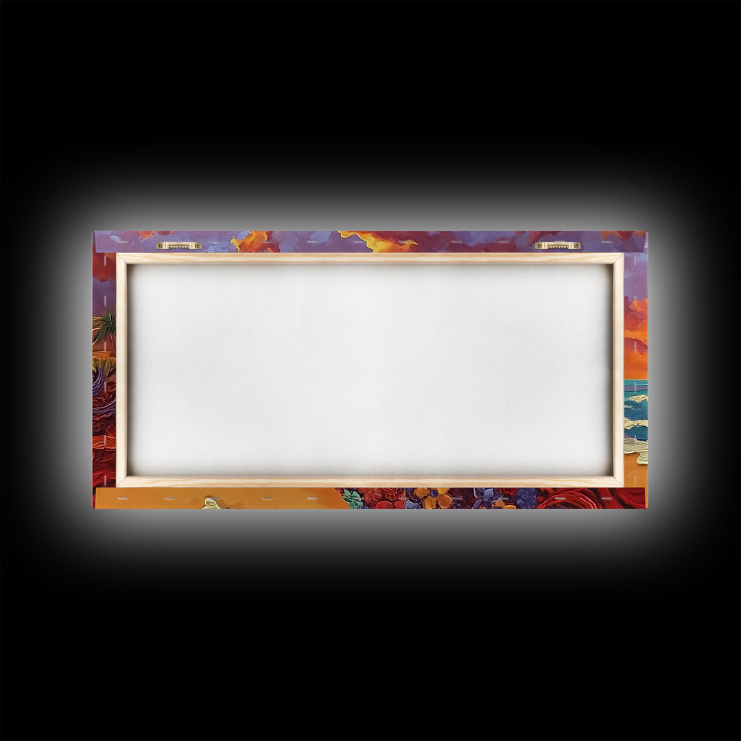 Beach Star, Flower, Sunset, Framed Canvas Print, beach sunset art with star, bold tropical flowers, palm trees, vivid sky, living room