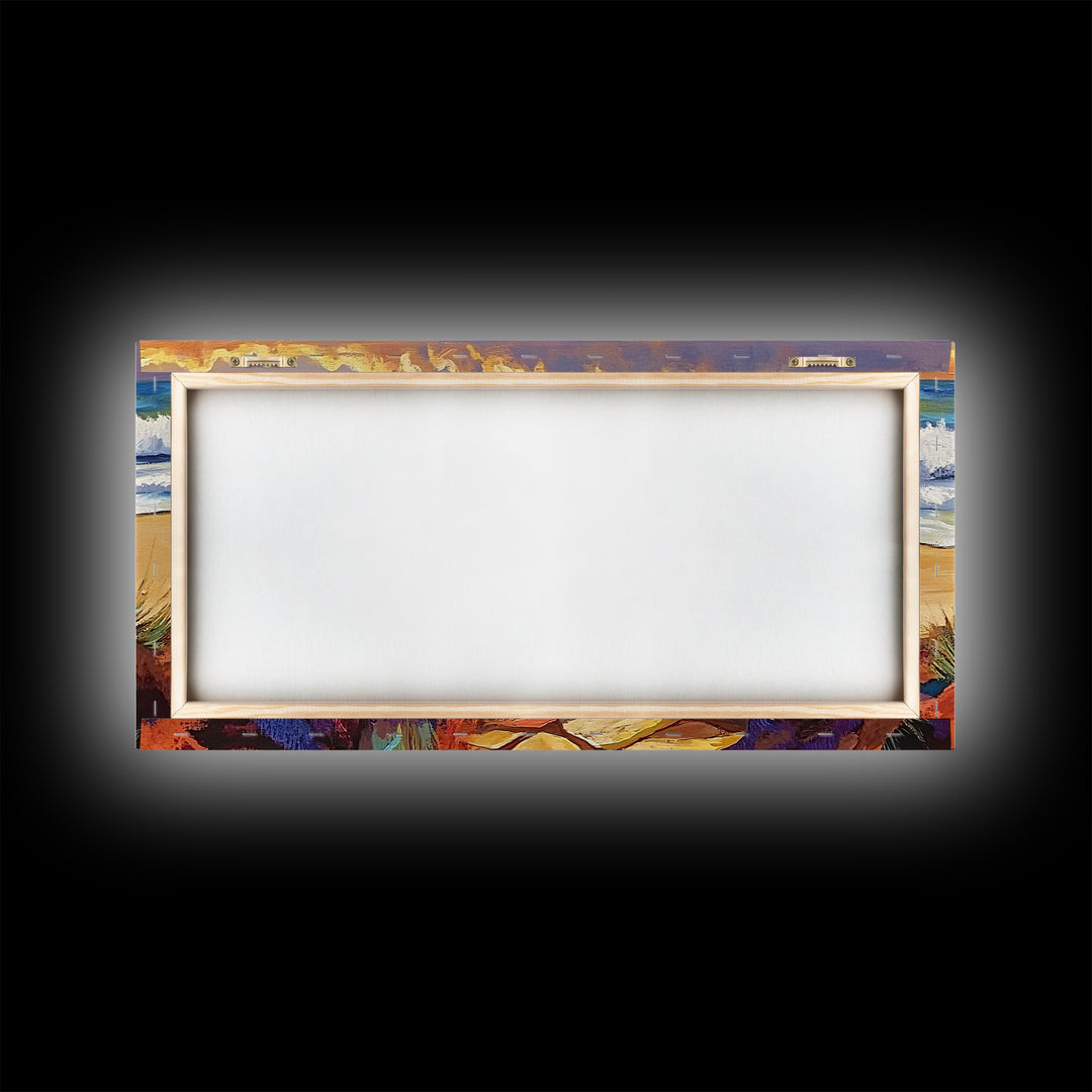 Beach Path, Waves, Nature, Ocean path with pillar, Framed Canvas Print, Coastal Decor, Vibrant Wall Art, Bathroom or Hallway Art