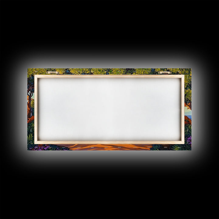 Beach Trees, Tunnel, Ocean, Sunset beach tunnel view, Framed Canvas Print, Coastal Boho Decor, Romantic Seaside Wall Art