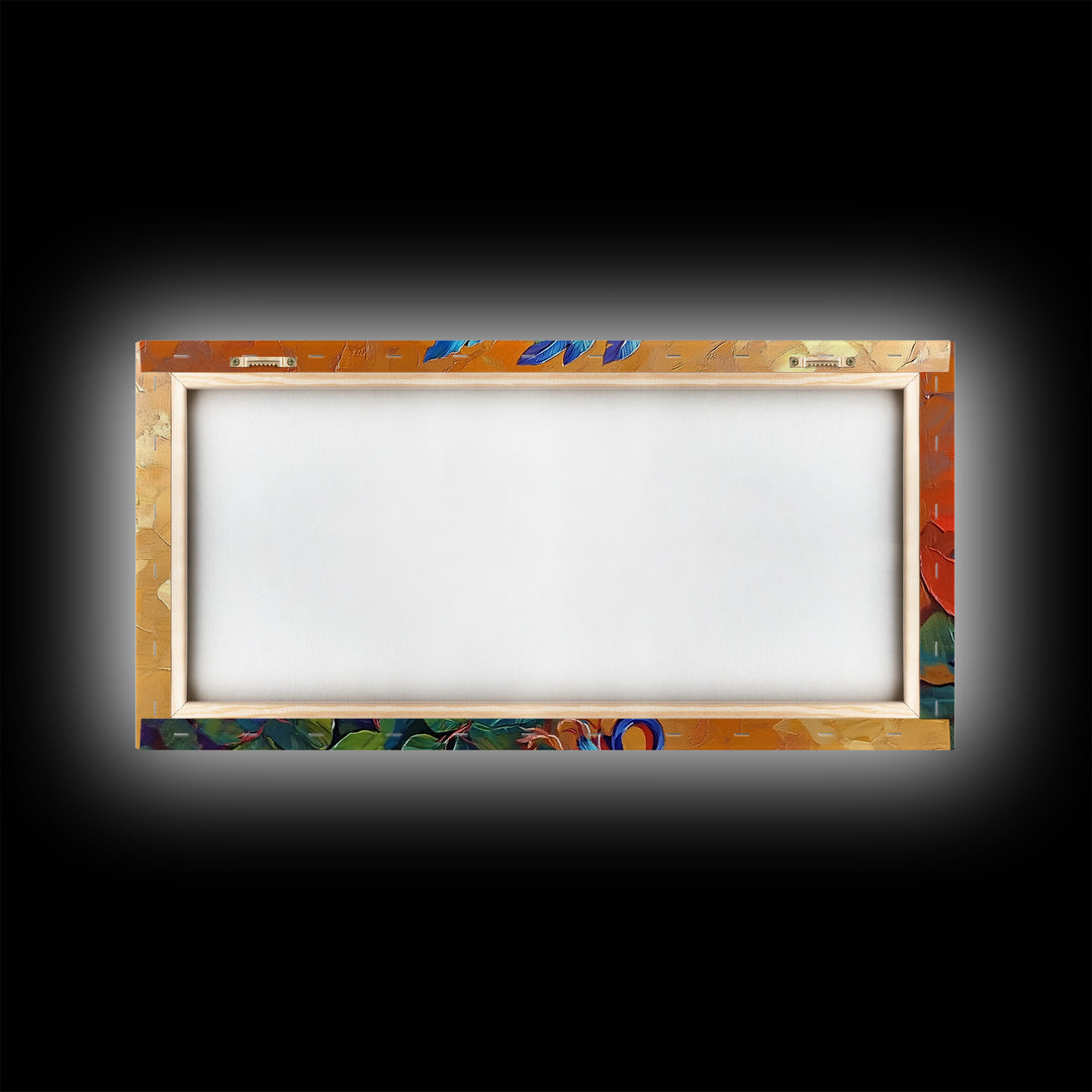 Aztec Warrior, Headpiece, Art, Framed Canvas Print, Indigenous feather headdress wall decor, bold bohemian accent, office statement