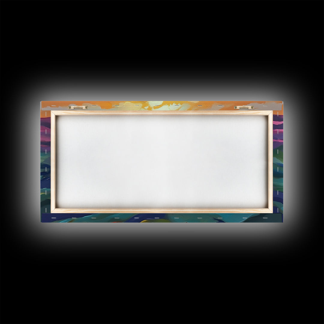 Bottle Ocean, Sunset, Flowers, Framed Canvas Print tropical beach bathroom decor, coastal boho wall art, floral message bottle painting