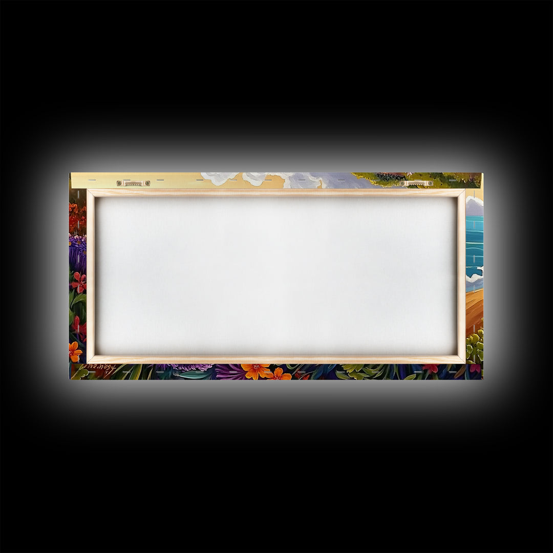 Coastal Floral, Landscape Painting, Canvas Print, vibrant beach flowers, ocean view wall decor, boho style Living Room Wall Art