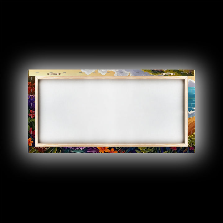 Coastal Floral, Landscape Painting, Canvas Print, vibrant beach flowers, ocean view wall decor, boho style Living Room Wall Art