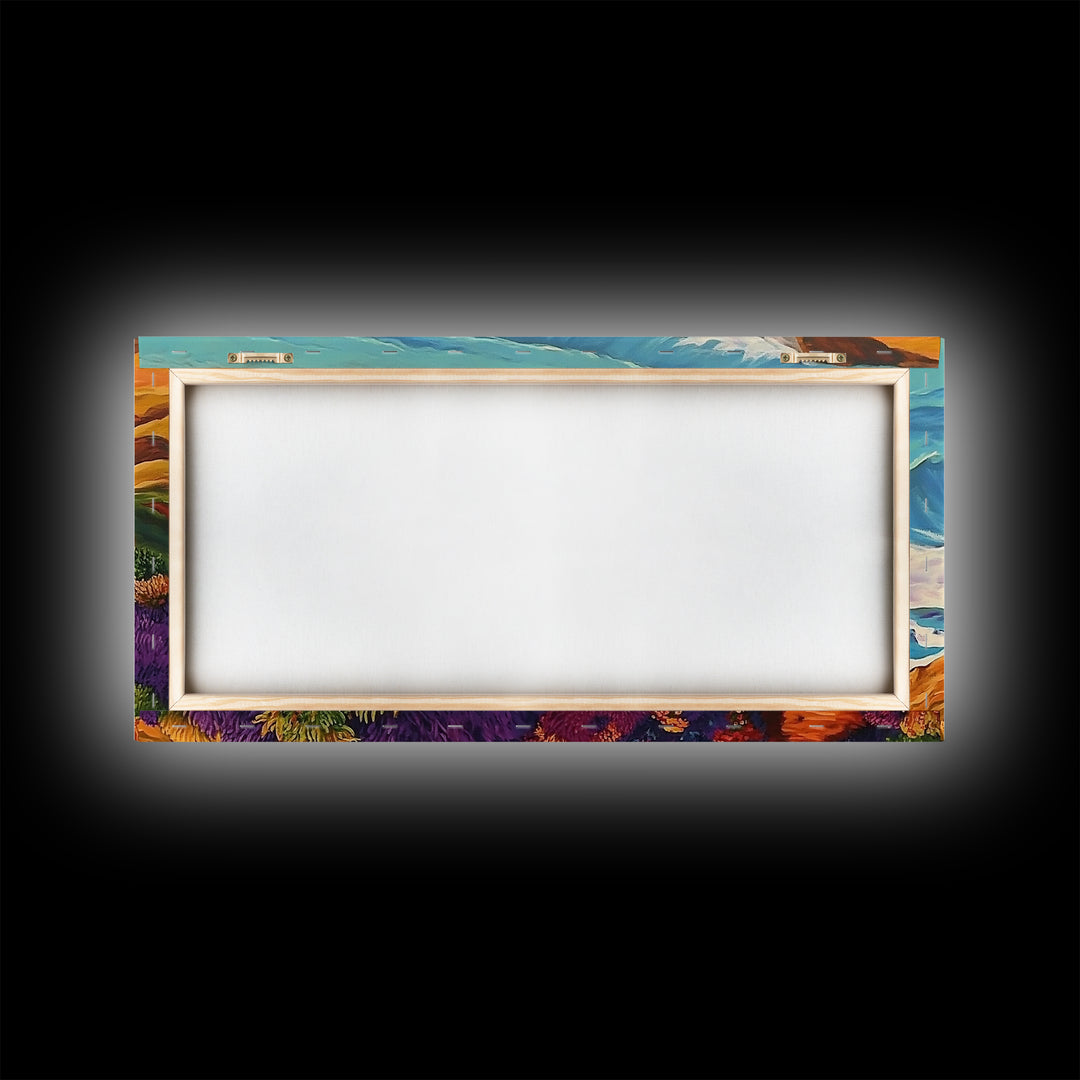 Cliff Flowers, Ocean Horizon, Framed Canvas Print, bold floral bluff, coastline scene, vibrant scenic Kitchen Wall Art, boho decor