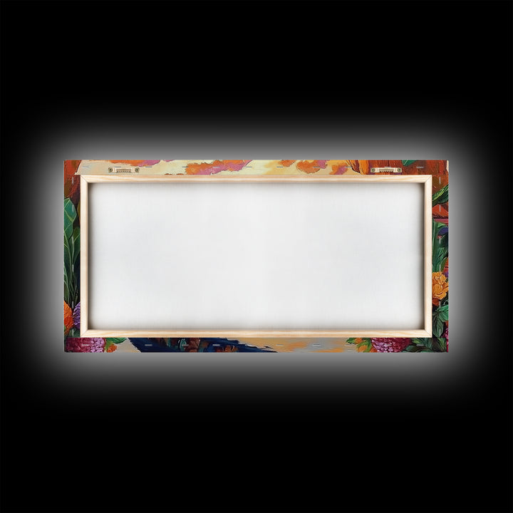 Canoe Tropical, Sunset Reflections, Serene Waters, exotic island Framed Canvas Print, tranquil boho decor, lakehouse wall art