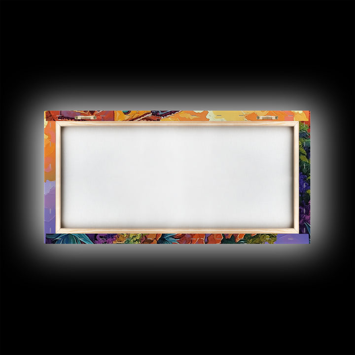 Cliffside House, Sunset, View, Desert boho mountain house, colorful Canvas Print, living room wall art, dramatic sky landscape painting