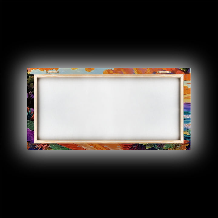 Coastal Train, Sunset, Framed Canvas Print, Vibrant coastal sunset railway painting, Colorful beachscape boho art, Hallway Wall Art