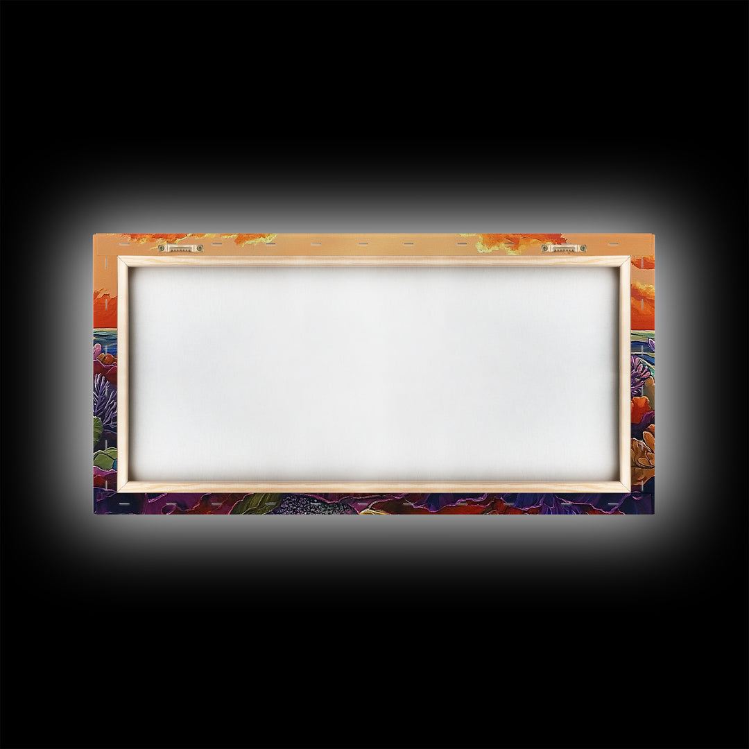 Coral Ocean, Sunset, Framed Canvas Print, Underwater coral reef at sunset painting, Ocean lover gift idea, Coastal Spa Wall Art