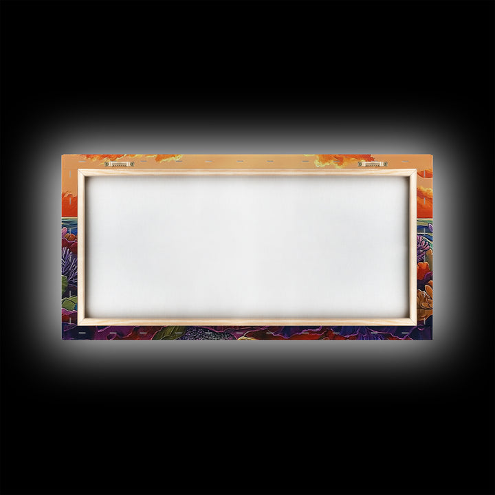 Coral Ocean, Sunset, Framed Canvas Print, Underwater coral reef at sunset painting, Ocean lover gift idea, Coastal Spa Wall Art