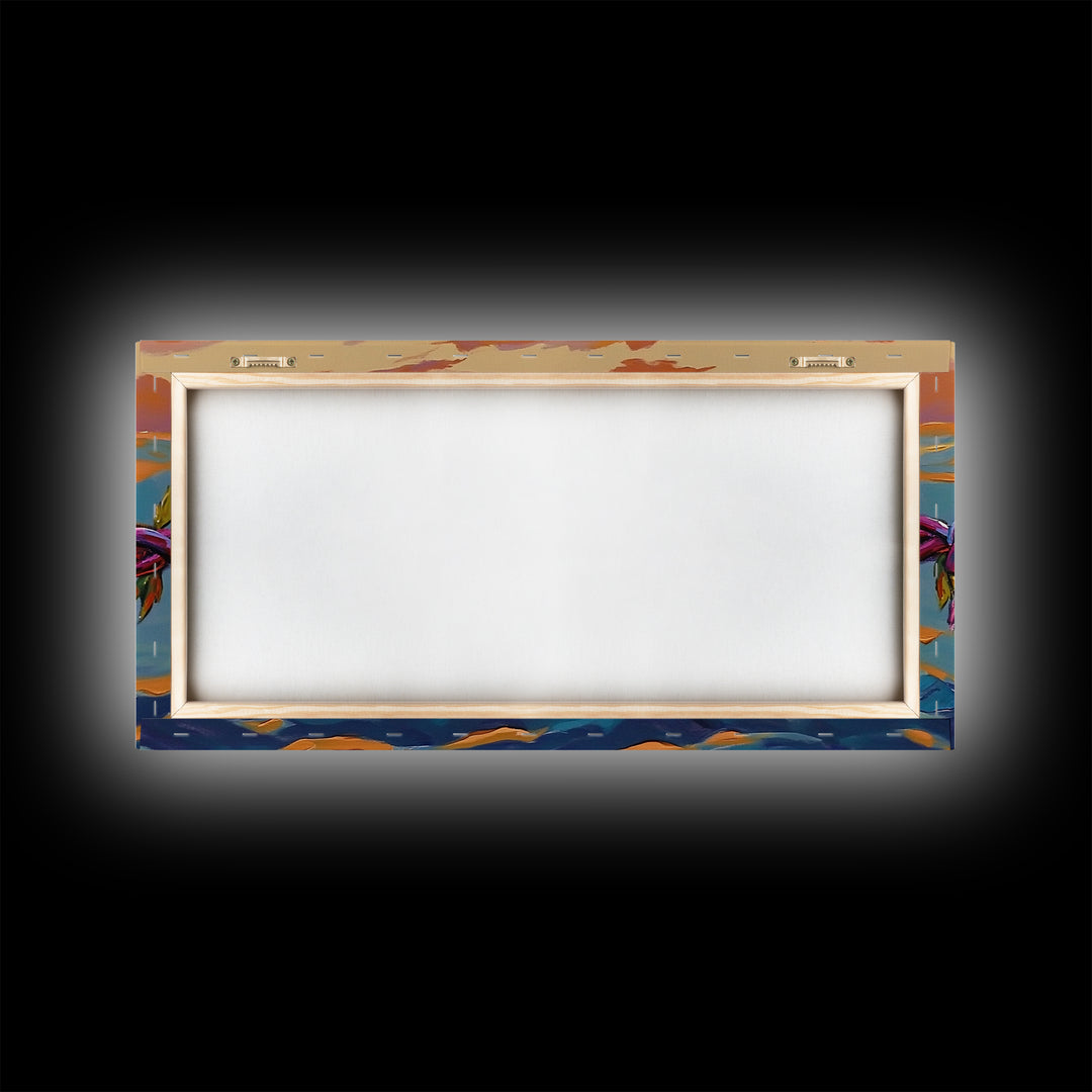 Barbed Sunset, Ocean, Framed Canvas Print, Symbolic Ocean Barbed Wire Art, Modern Sunset Expressionist Decor, Unique Office Wall Art