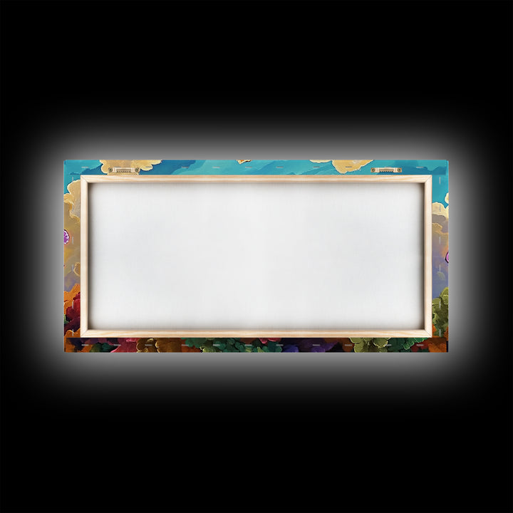 Coral Bloom, Ocean, Framed Canvas Print, Abstract blooming coral reef under dreamy sky painting, Modern Coastal Decor, Bedroom Wall Art