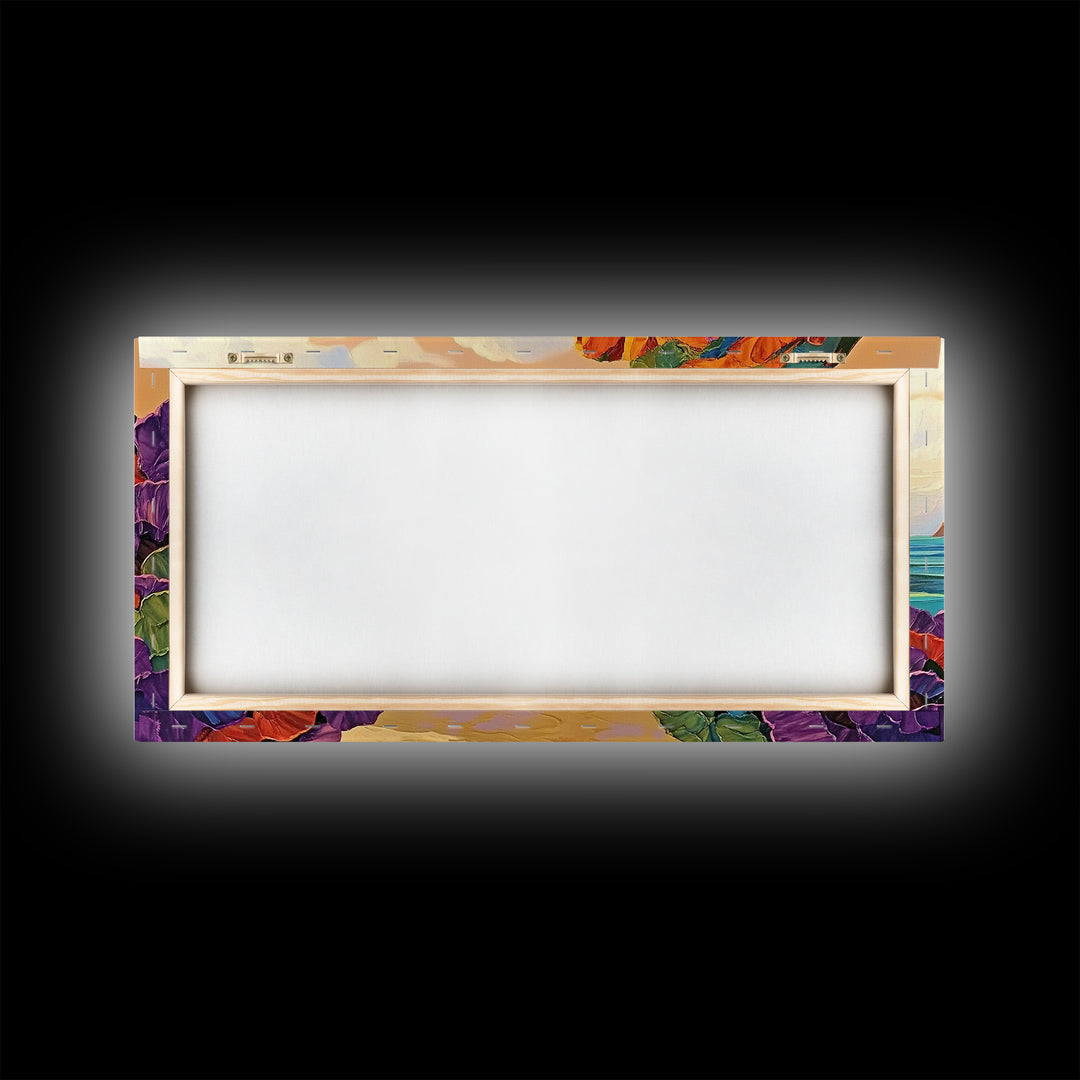 Cliffs Beach, Ocean, Framed Canvas Print, Bold textured coastal cliffs and ocean view painting, Vibrant Summer Decor, Kitchen Wall Art