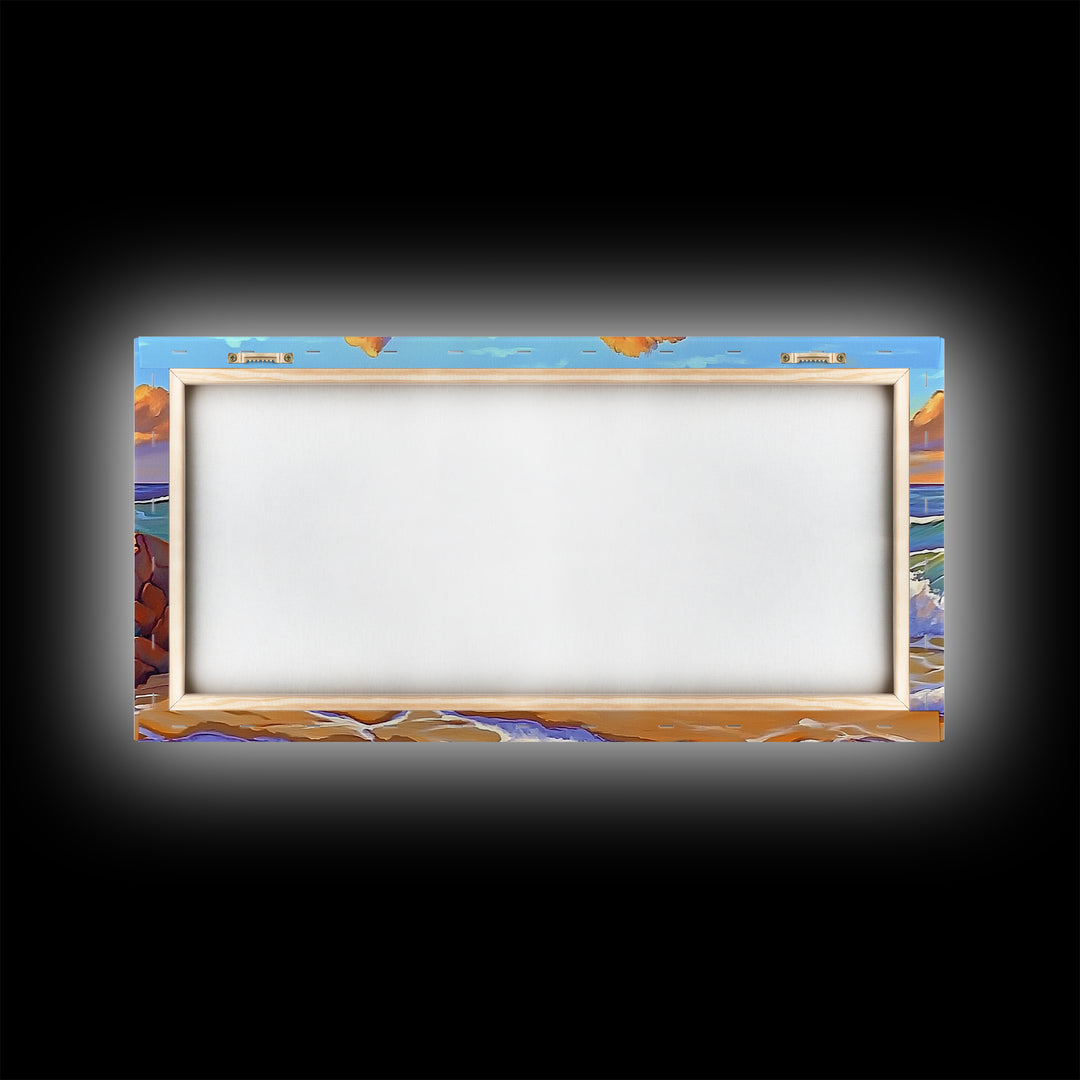 Rocks Waves, Sky, Framed Canvas Print, Majestic ocean wave crashing on rocks under golden clouds, Tropical Seascape, Coastal Living Room