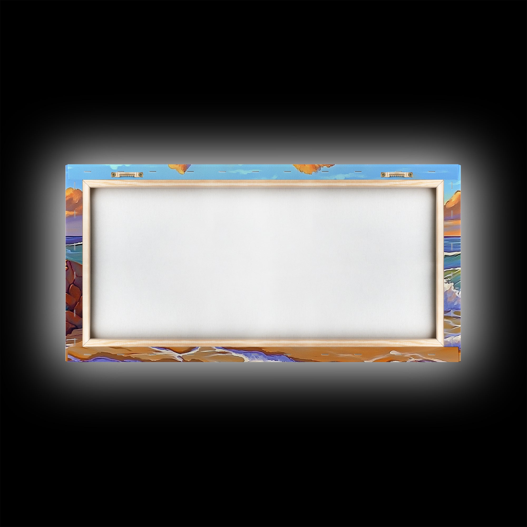 Rocks Waves, Sky, Framed Canvas Print, Majestic ocean wave crashing on rocks under golden clouds, Tropical Seascape, Coastal Living Room