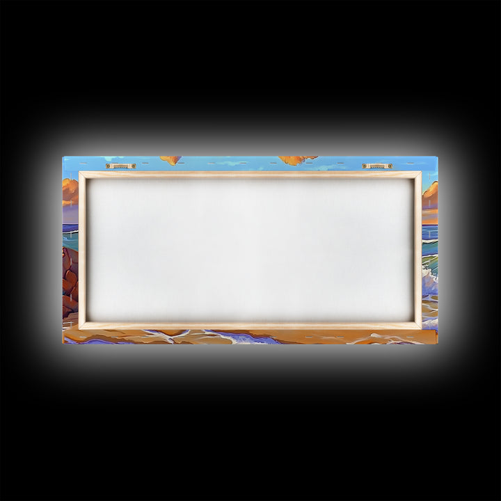 Rocks Waves, Sky, Framed Canvas Print, Majestic ocean wave crashing on rocks under golden clouds, Tropical Seascape, Coastal Living Room