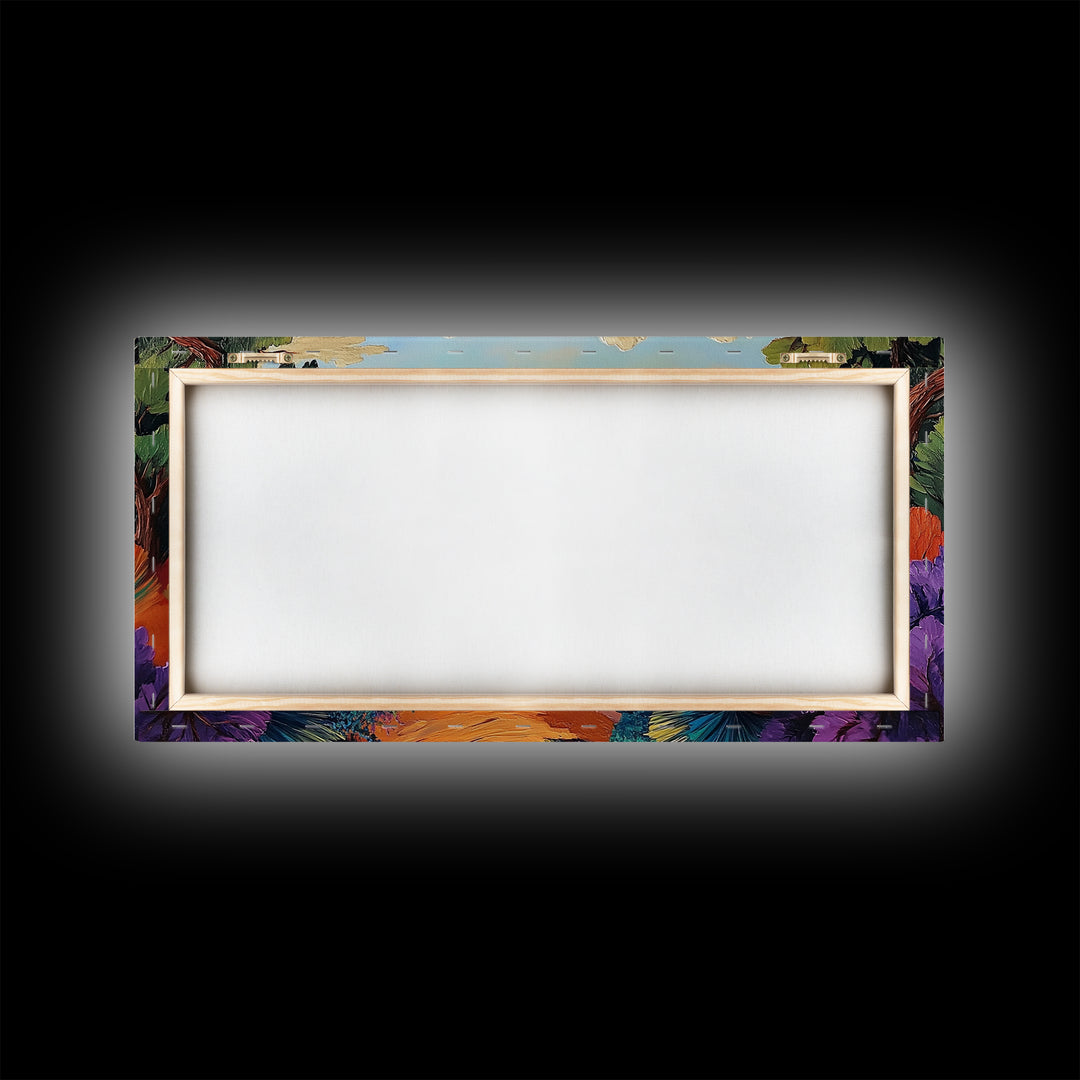 Autumn Lake, Path, Framed Canvas Print, Vibrant Fall forest trail leading to lake painting, Cozy Cabin Decor, Autumn Entryway Art