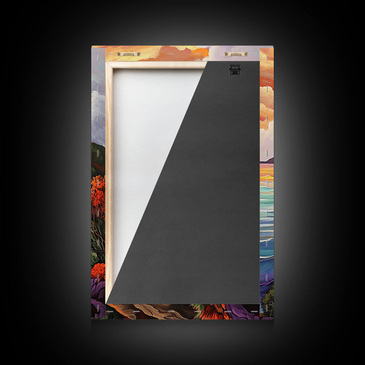 Cliffs Waves, Mountains, Autumn, Framed Canvas Print, coastal cliffs wall art, crashing waves painting, Autumn landscape, living room decor