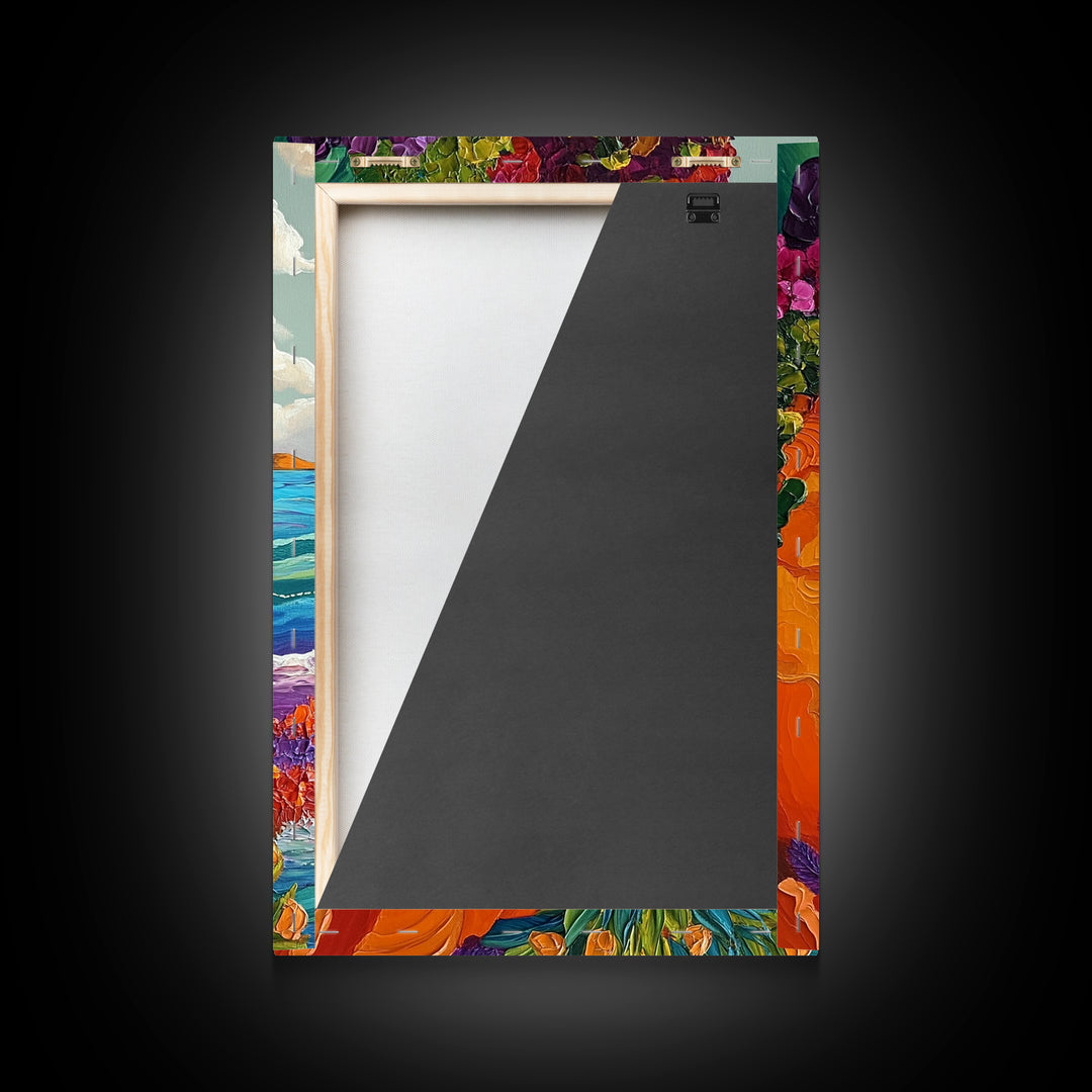 Cliffside Flowers, Ocean, Landscape, Framed Canvas Print floral coastal wall art, textured seaside painting, beach house decor, boho art style