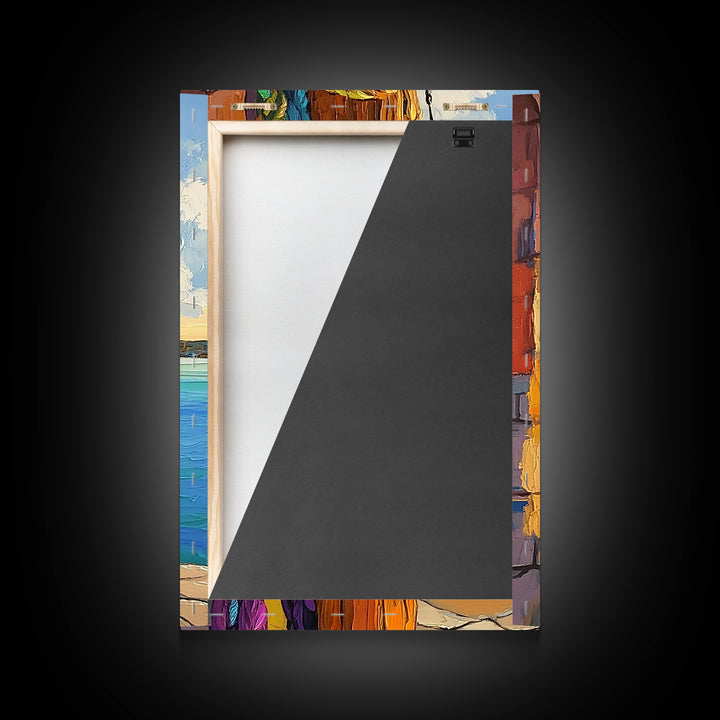 Boat Dock, Ropes, Framed Canvas Print, Nautical Coastal Wall Art, Vibrant Marina Scene, Boho Seaside Decor, Bathroom art, Office Wall Art