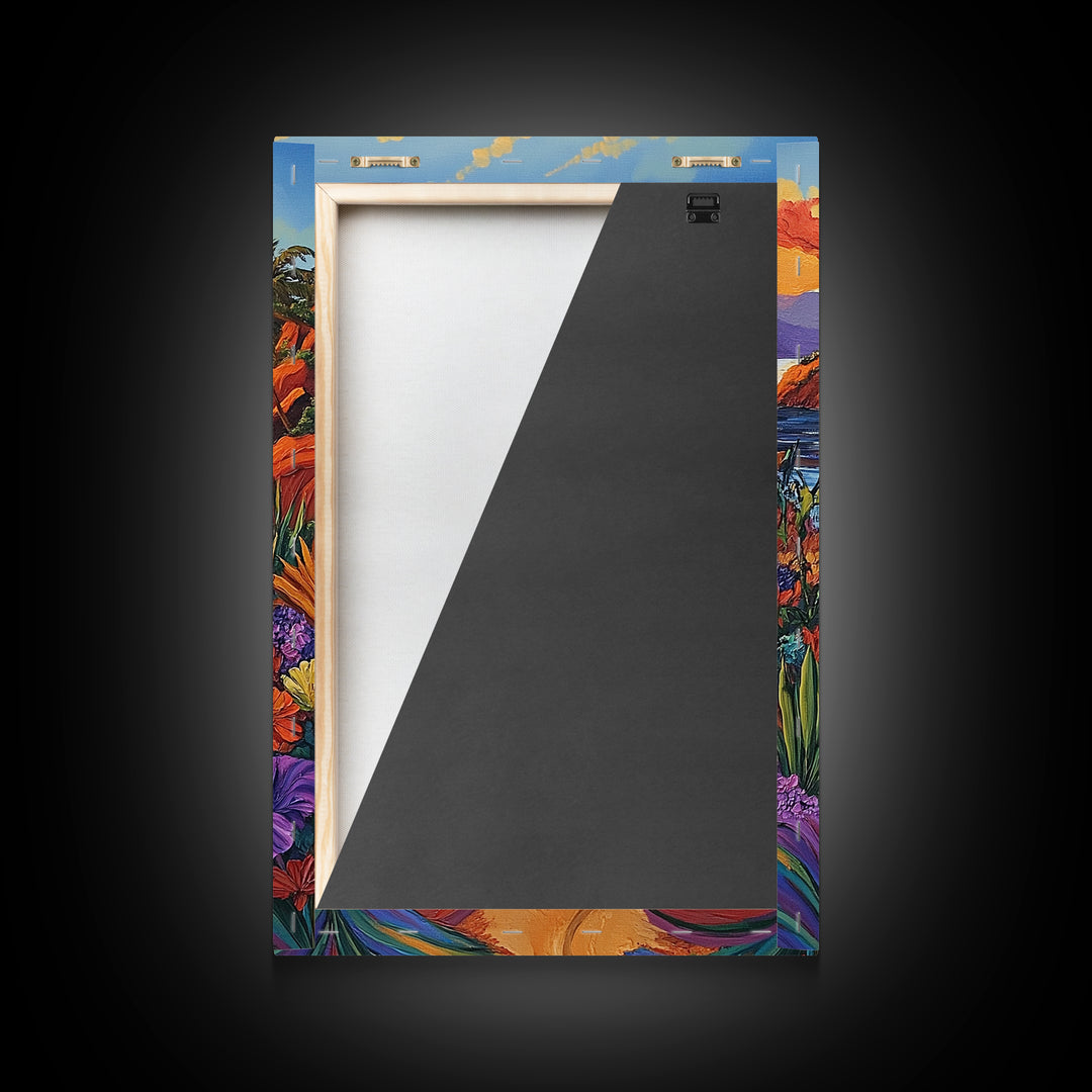 Beach, Sunset, Tropical, Floral Framed Canvas Print, Coastal Living Room Wall Art, Island Paradise Decor, Vibrant Summer Artwork