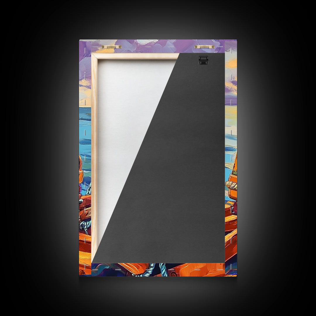 Rope Dock Sunset, Nautical, Framed Canvas Print, Nautical Rope Dockside Art, Sunset Painting, Coastal Seaside Wall Decor, Living Room Decor