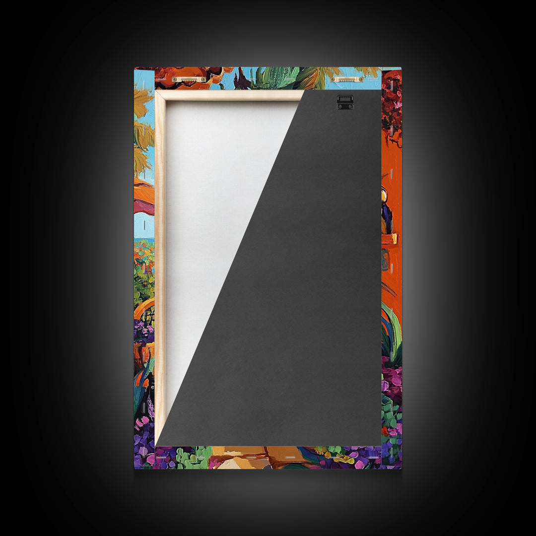 Bistro Patio, Sun, Canvas Print, Mediterranean cafe painting, kitchen wall art, outdoor charm artwork, sunny terrace decor, cozy nook print