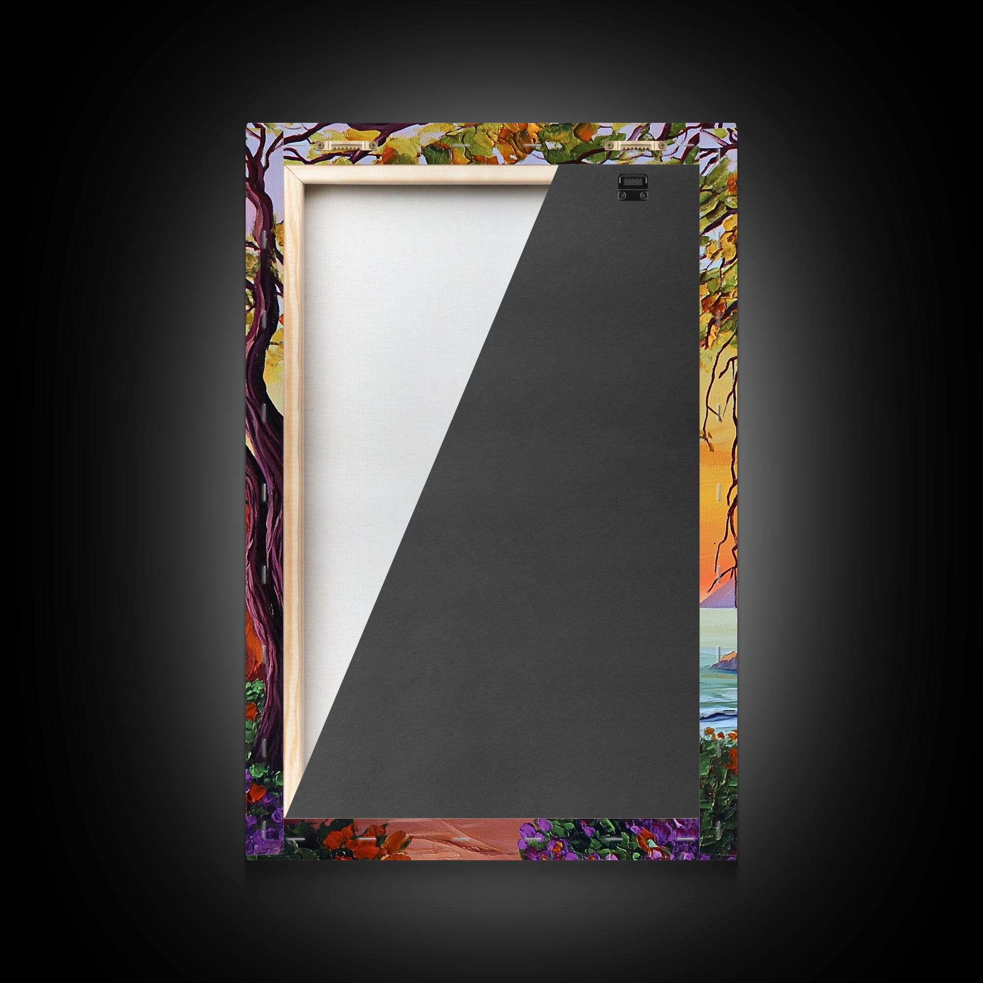 Coastal Tree View, Ocean Cliff Art, Sunset Seascape Painting, Nature Wall Decor, Framed Canvas Print, Hallway Wall Art, beach house art