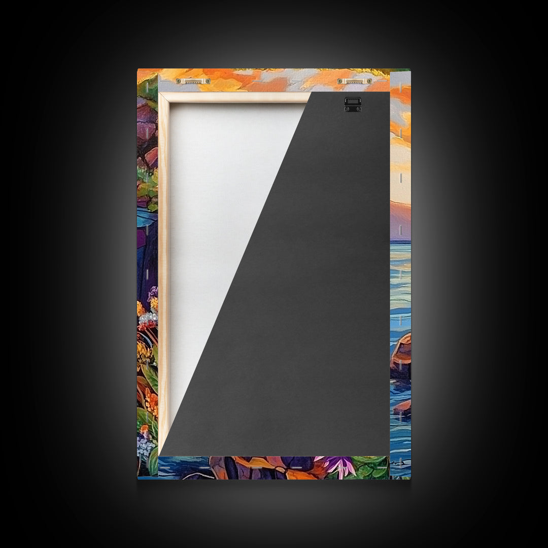 Cliff Sunset, Sea, Canvas Print, Bold coastal wall art, rocky cliff painting, dramatic sunset scene, office or den decor, nature inspired art