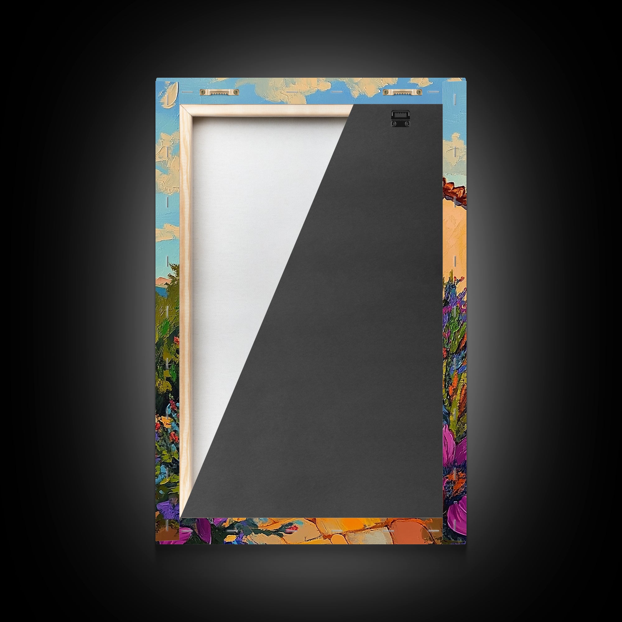 Crescent Sculpture, Sunset Courtyard, Boho Garden Art, Vibrant Southwest Style, Outdoor Decor, Framed Canvas Print, Patio Wall Art