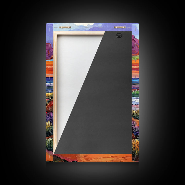 Coastal Sunset, Rolling Waves, Vibrant Beachscape, Boho Ocean Scene, Living Room Wall Art, Seaside Decor, Framed Canvas Print