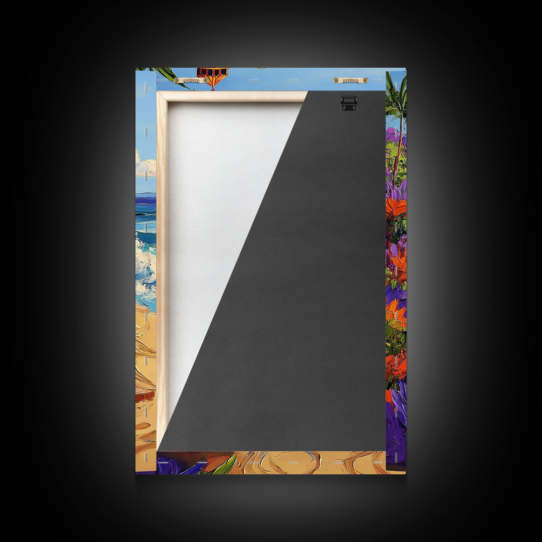 Coastal Castle, Vibrant Tropics, Seaside Fantasy Art, Bold Beach Decor, Playful Wall Accent, Framed Canvas Print, Tropical Style Room