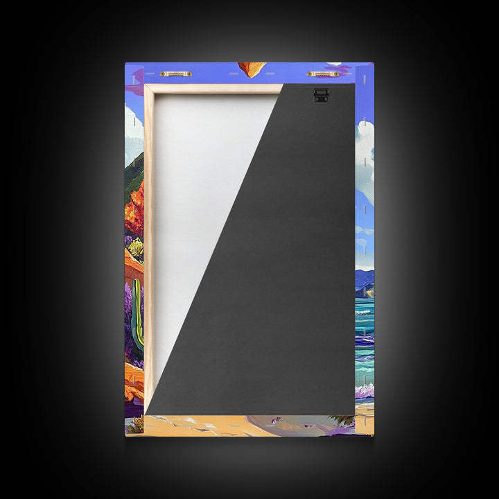 Rocky Spire, Cactus Landscape, Desert Coastline, Nature Escape, Framed Canvas Print, Western Wall Art, Adventure Travel Aesthetic