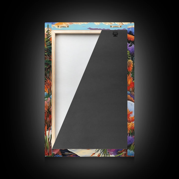 Autumn Snow Creek, Mountain Fall Scene, Nature River Painting, Framed Canvas Print, Cozy Living Room Wall Art, Rustic Cabin Style