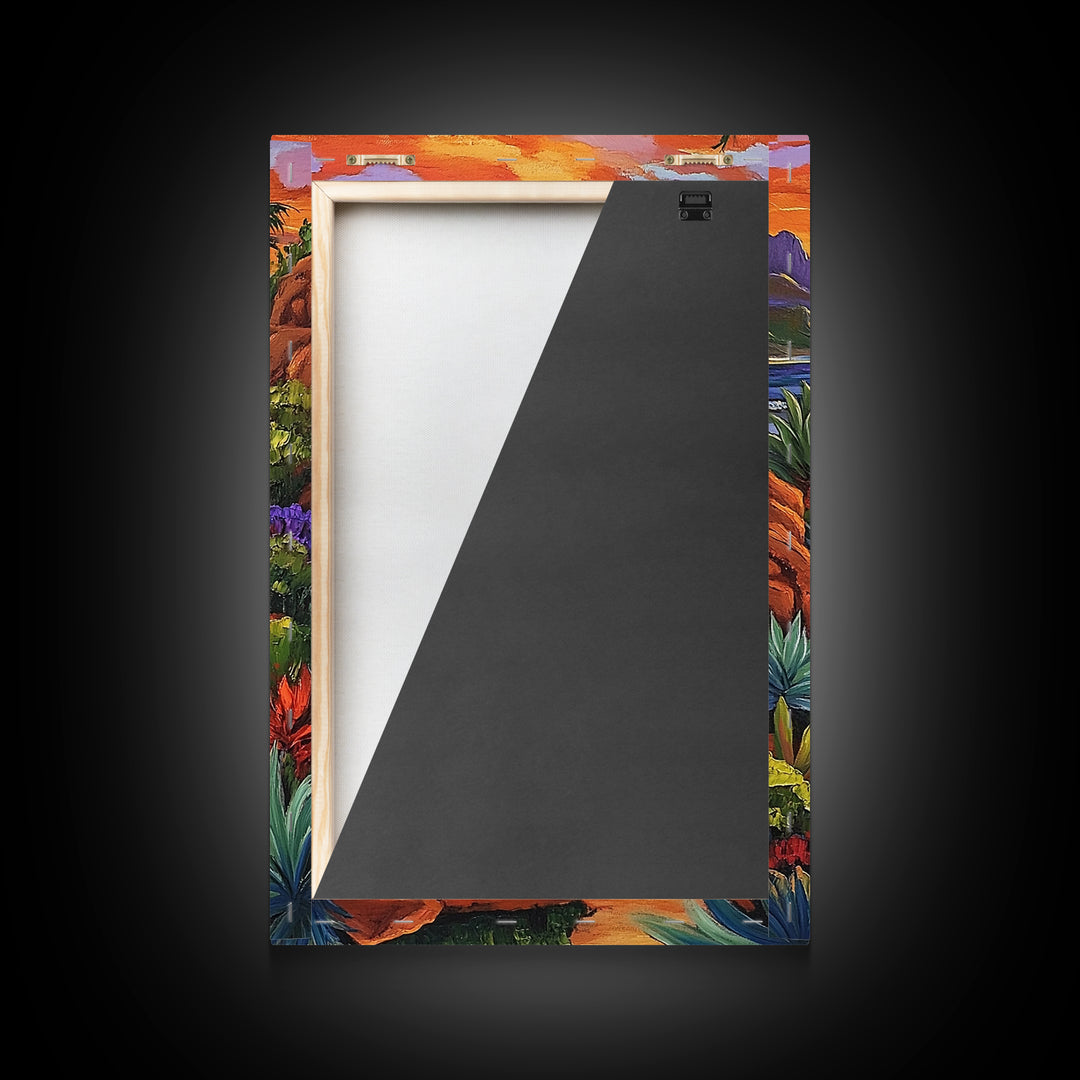 Desert Beach, Mountain Sunset, Ocean Stream, Palm Tree — Framed Canvas Print vibrant landscape wall art, boho living room, beach house decor