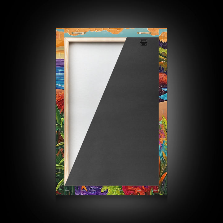 Coastal Landmark Art, Beach Garden View, Framed Canvas Print, Vibrant Landscape Wall Art, Sunroom Decor, Bright Coastal Scene