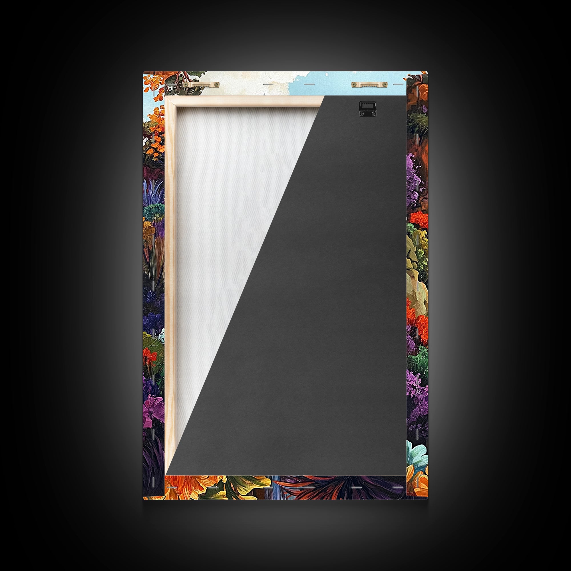 Cascading Falls, Ocean Cliffs, Tropical Flowers, Bold Nature, Framed Canvas Print, Living Room Wall Art, Maximalist Decor, Beach Art