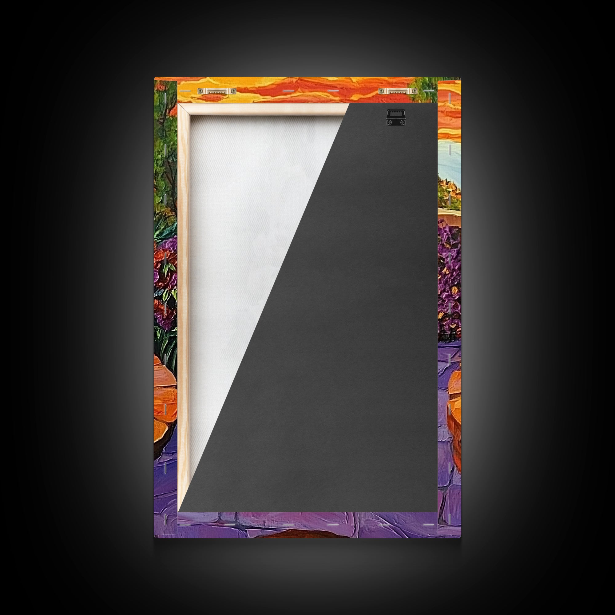 Brick Fountain Sunset, Peaceful Garden Oasis, Warm Tones, Autumn Wall Art, Framed Canvas Print, Serene Patio or Hallway Decor