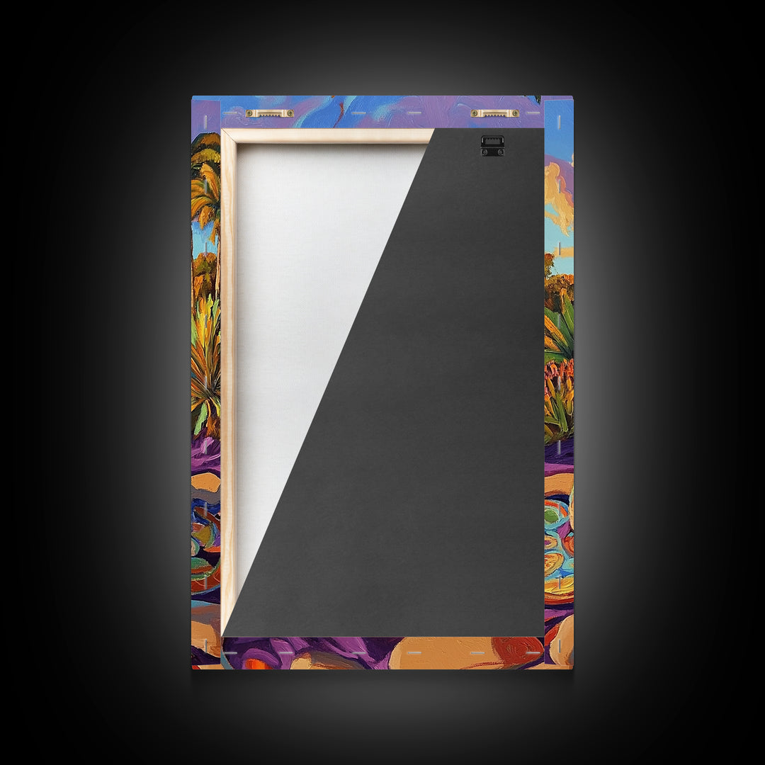 Campfire Palm Trees, Flame, Sunset, Framed Canvas Print tropical bonfire art, cozy fire pit painting, Fall decor, outdoor living room wall art