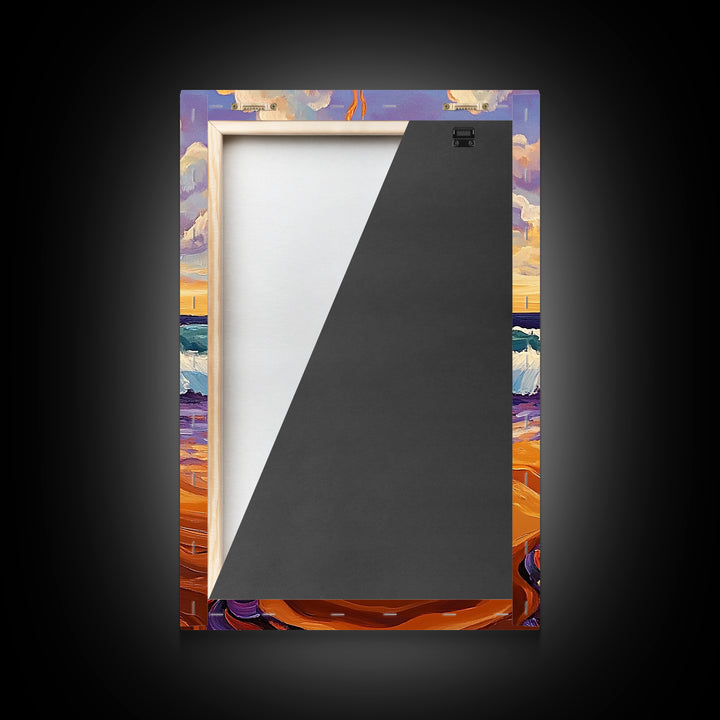 Bonfire Beach, Twilight, Ocean, Framed Canvas Print fire pit artwork, vibrant beach decor, ocean waves and flames, Fall living room wall art