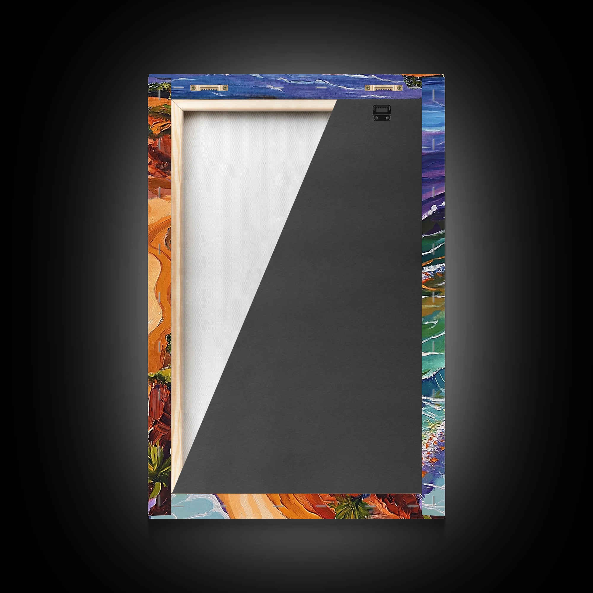 Beach Waves, Boats, Aerial Coastal Landscape, Framed Canvas Print, Boho Ocean Art, Bathroom Wall Decor, Vibrant Nautical Artwork