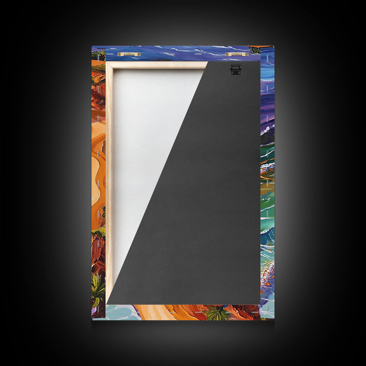 Beach Waves, Boats, Aerial Coastal Landscape, Framed Canvas Print, Boho Ocean Art, Bathroom Wall Decor, Vibrant Nautical Artwork