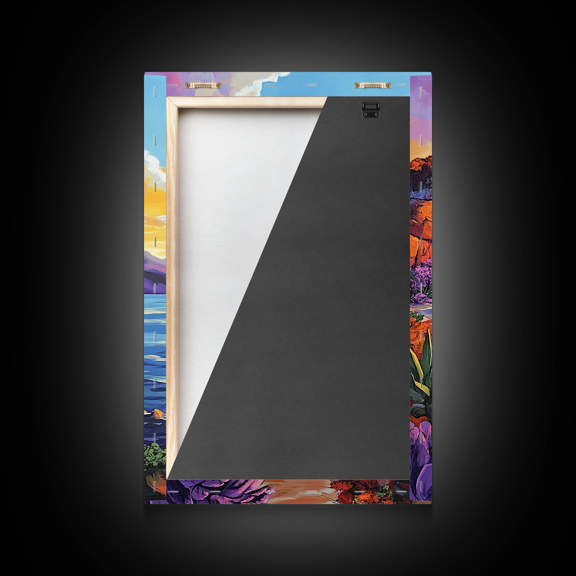 Cliffside Ruins, Ocean, Sunset Ancient Fortress Art, Framed Canvas Print, Dramatic Living Room Wall Decor, Southwest Adventure Style