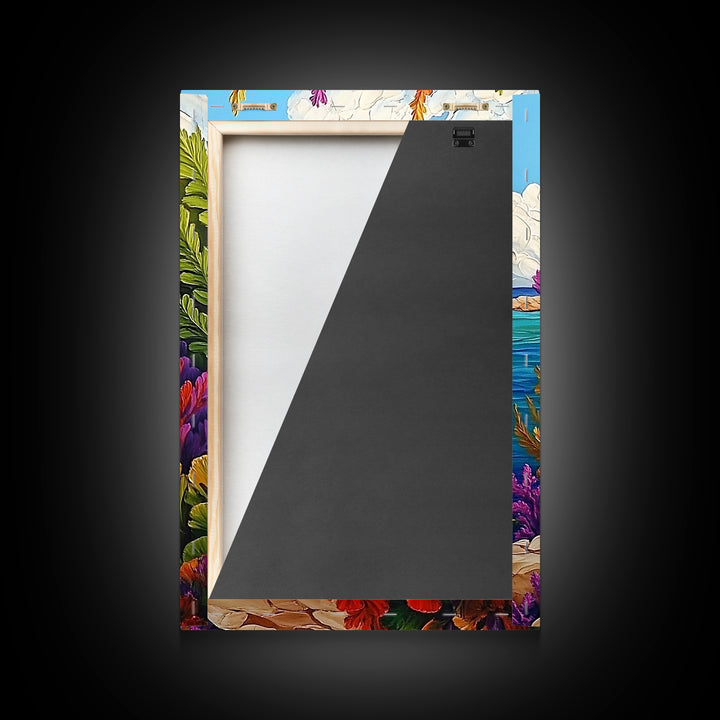 Coastal, Botanical, Garden, Flowers, Framed Canvas Print, Bright coastal flowers with ocean view, ideal summer vibe bathroom or patio wall art